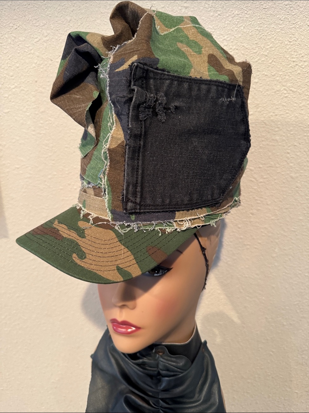 Women’s Camouflage Patchwork Cap with Distressed Black Pocket
